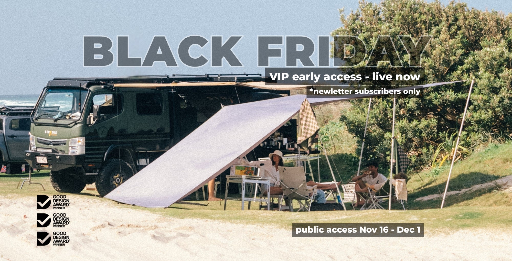 Promotional banner for Black Friday event with a van and people sitting under a canopy.