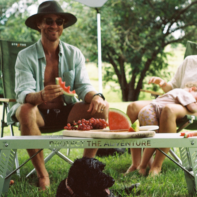 Aluminium bench seat seen working well as campsite coffee table