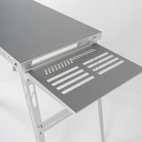 Side‑angled view of the Stratus Outdoors Table Extension – Drying Rack showing 3 mm bead‑blasted aluminium top and compact fold‑in design.