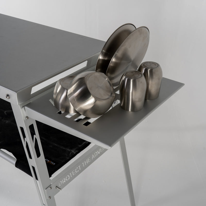 Top-down view of Stratus Outdoors Sink Rack with drying dishes and cutlery arranged neatly on surface.